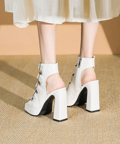 Chic Splicing Chunky High Heels Sandals Hollow Out Black Faux Leather