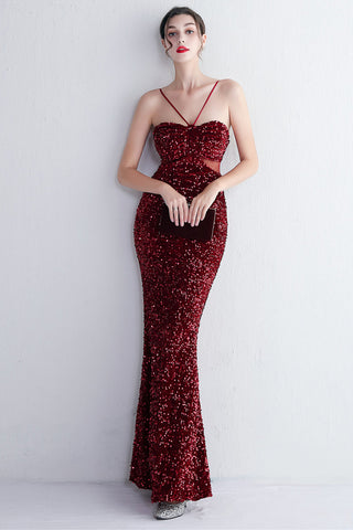 Mermaid Halter Black Sequins Long Prom Dress with Keyhole