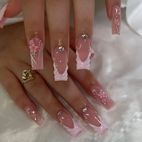 Pink French Cute FlowersCarefully designed pure handmade press-on gel nails
