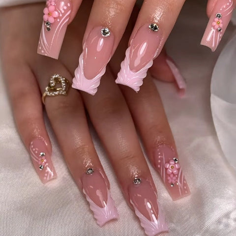 Pink French Cute FlowersCarefully designed pure handmade press-on gel nails