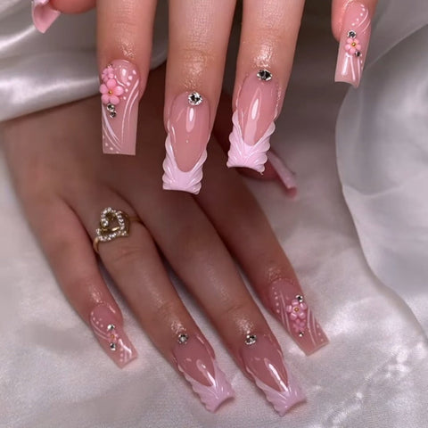 Pink French Cute FlowersCarefully designed pure handmade press-on gel nails