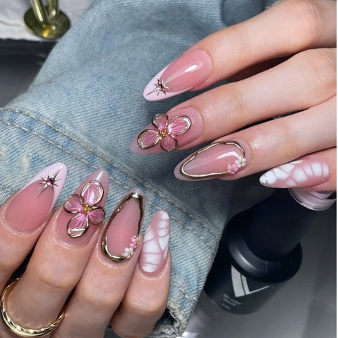 Pink Flower French Gold Border Almond NailCarefully designed pure handmade press-on gel nails