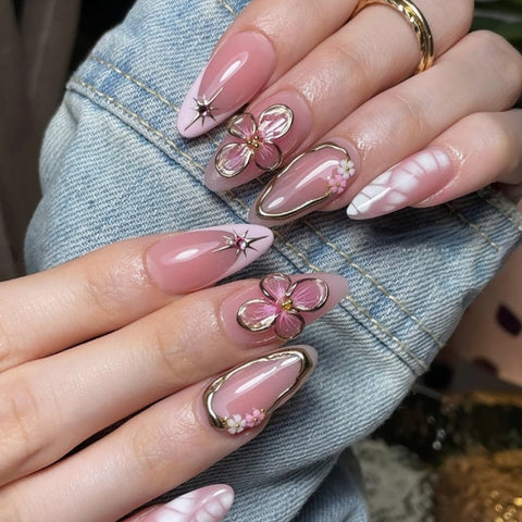 Pink Flower French Gold Border Almond NailCarefully designed pure handmade press-on gel nails