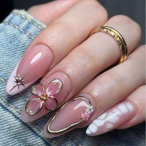 Pink Flower French Gold Border Almond NailCarefully designed pure handmade press-on gel nails