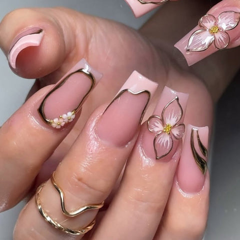 3D French Pink Medium Long NailsCarefully designed pure handmade press-on gel nails