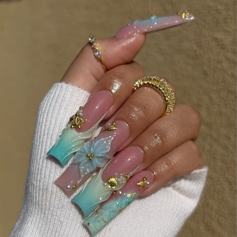 Blue Green French Long Square NailCarefully designed pure handmade press-on gel nails