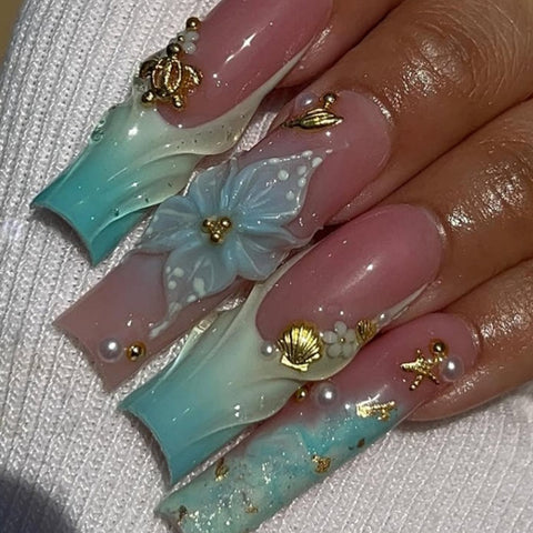 Blue Green French Long Square NailCarefully designed pure handmade press-on gel nails