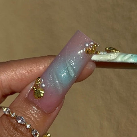 Blue Green French Long Square NailCarefully designed pure handmade press-on gel nails