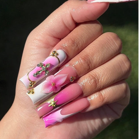 Pink Flower Cross NailCarefully designed pure handmade press-on gel nails