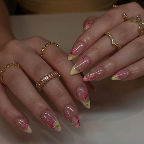 Pink Yellow Flower French Almond NailCarefully designed pure handmade press-on gel nails