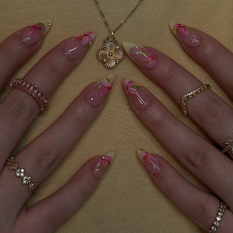 Pink Yellow Flower French Almond NailCarefully designed pure handmade press-on gel nails