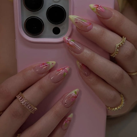 Pink Yellow Flower French Almond NailCarefully designed pure handmade press-on gel nails