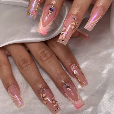 Pink Orange Square Long NailsCarefully designed pure handmade press-on gel nails