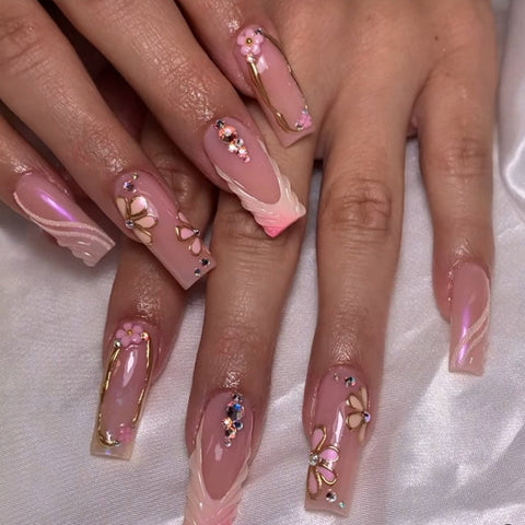 Pink Orange Square Long NailsCarefully designed pure handmade press-on gel nails