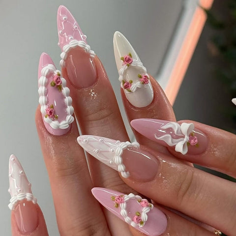 Pink Cake Cream Edged NailsCarefully designed pure handmade press-on gel nails