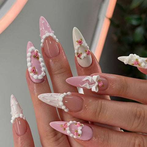 Pink Cake Cream Edged NailsCarefully designed pure handmade press-on gel nails