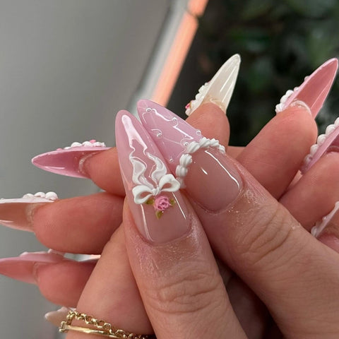 Pink Cake Cream Edged NailsCarefully designed pure handmade press-on gel nails