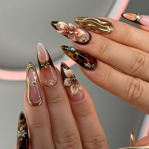 Brown Gold Flower French Almond NailCarefully designed pure handmade press-on gel nails