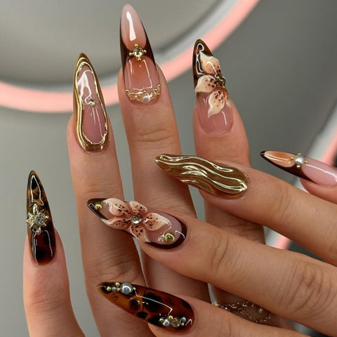 Brown Gold Flower French Almond NailCarefully designed pure handmade press-on gel nails