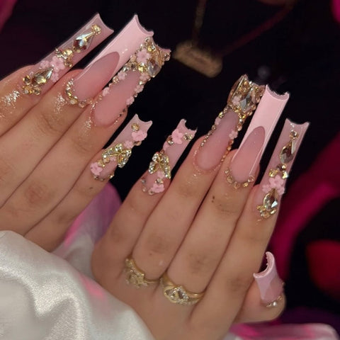 Pink Floral Diamond Square Long NailsCarefully designed pure handmade press-on gel nails