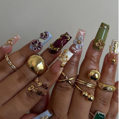 Luxury Colored Flower French Square NailCarefully designed pure handmade press-on gel nails