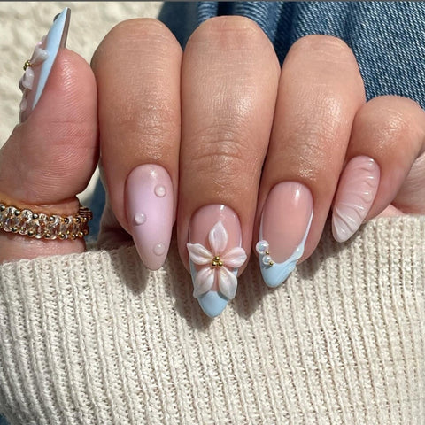 Pink Flowers Blue French Almond Shell NailCarefully designed pure handmade press-on gel nails