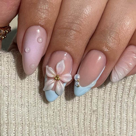 Pink Flowers Blue French Almond Shell NailCarefully designed pure handmade press-on gel nails