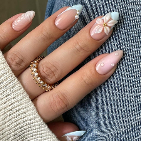 Pink Flowers Blue French Almond Shell NailCarefully designed pure handmade press-on gel nails