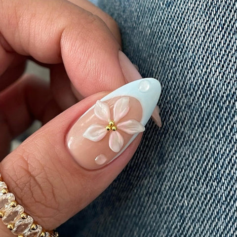 Pink Flowers Blue French Almond Shell NailCarefully designed pure handmade press-on gel nails