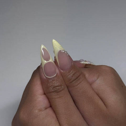 Pink Flowers Yellow French Pearls Almonds Shell NailsCarefully designed pure handmade press-on gel nails