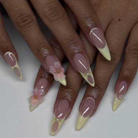 Pink Flowers Yellow French Pearls Almonds Shell NailsCarefully designed pure handmade press-on gel nails