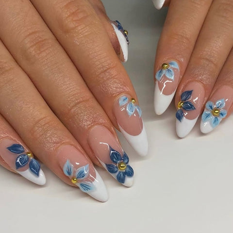Hot Selling Blue Flower White French Almond NailsCarefully designed pure handmade press-on gel nails