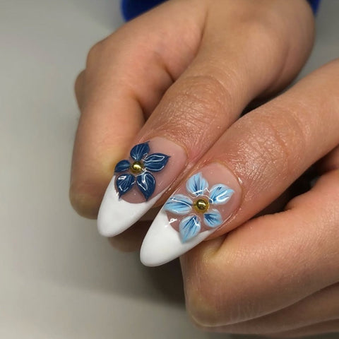 Hot Selling Blue Flower White French Almond NailsCarefully designed pure handmade press-on gel nails