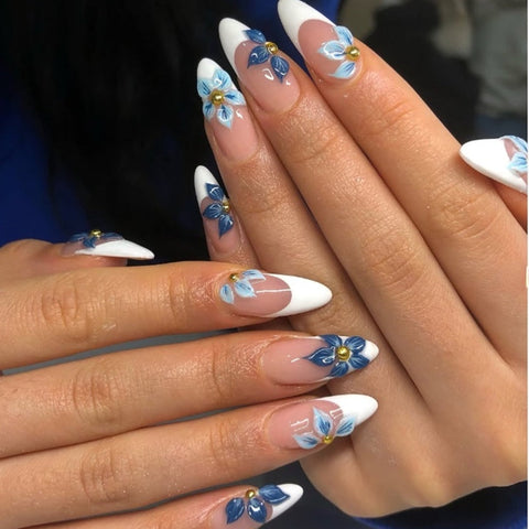 Hot Selling Blue Flower White French Almond NailsCarefully designed pure handmade press-on gel nails