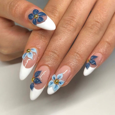 Hot Selling Blue Flower White French Almond NailsCarefully designed pure handmade press-on gel nails
