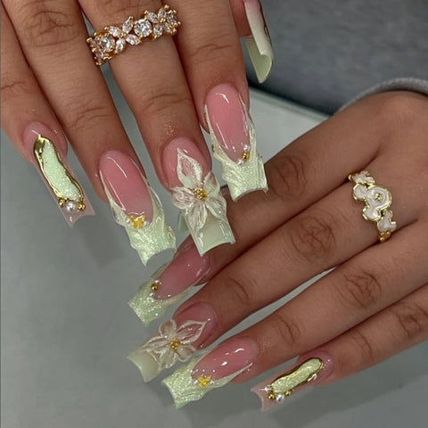 Hot Selling Green Flower French Square NailsCarefully designed pure handmade press-on gel nails
