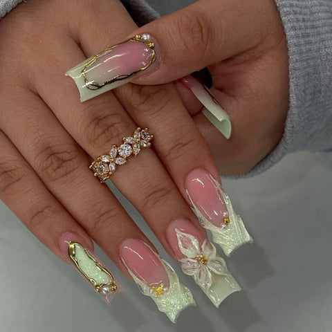Hot Selling Green Flower French Square NailsCarefully designed pure handmade press-on gel nails