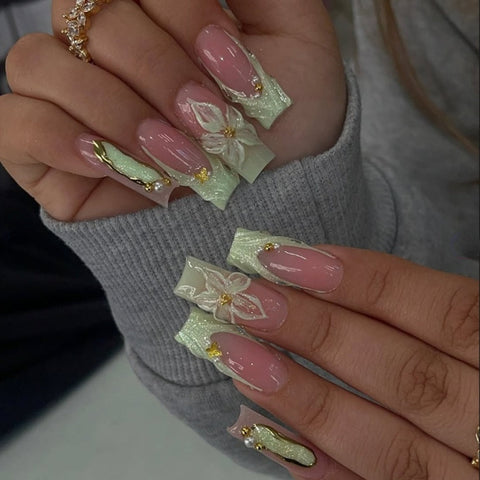 Hot Selling Green Flower French Square NailsCarefully designed pure handmade press-on gel nails