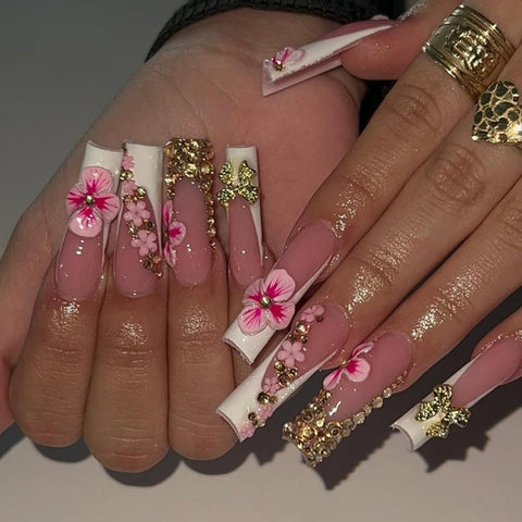 Hot SaleFashionable Hot Selling Pink Flower French Square NailsHandmade Artificial Gel Nail Press-On Nails