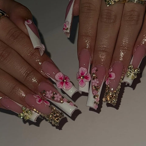 Hot SaleFashionable Hot Selling Pink Flower French Square NailsHandmade Artificial Gel Nail Press-On Nails