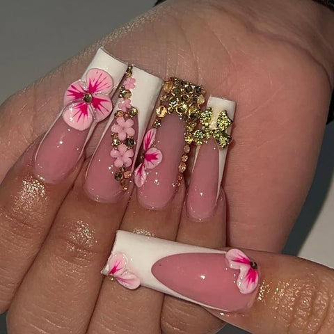 Hot SaleFashionable Hot Selling Pink Flower French Square NailsHandmade Artificial Gel Nail Press-On Nails