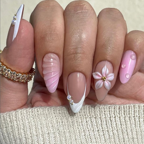 Hot SaleFashionable Pink Flower French Almond NailHandmade Artificial Gel Nail Press-On Nails