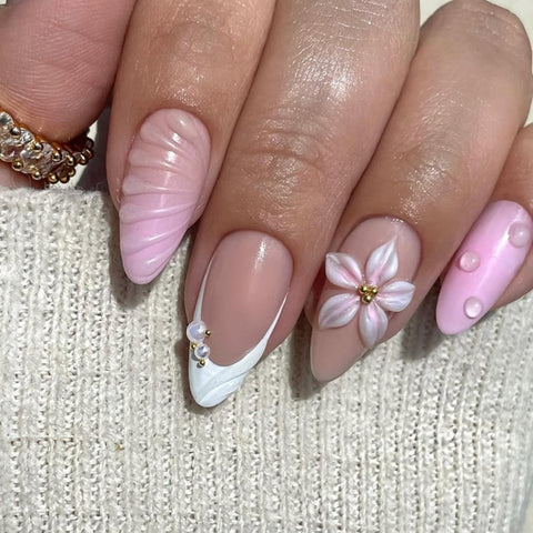 Hot SaleFashionable Pink Flower French Almond NailHandmade Artificial Gel Nail Press-On Nails