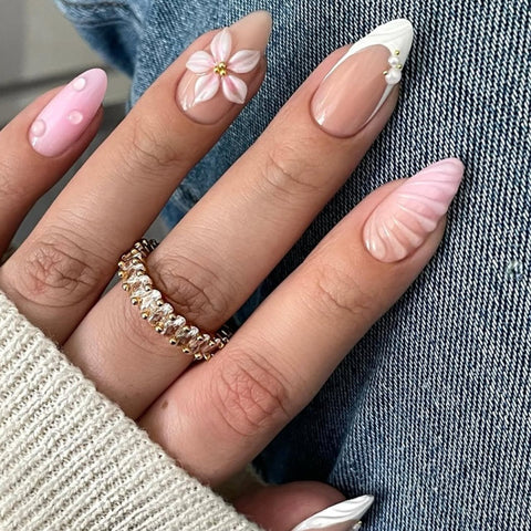 Hot SaleFashionable Pink Flower French Almond NailHandmade Artificial Gel Nail Press-On Nails