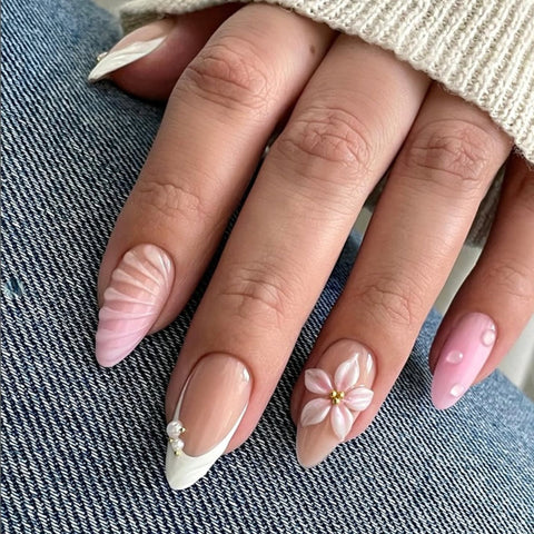 Hot SaleFashionable Pink Flower French Almond NailHandmade Artificial Gel Nail Press-On Nails