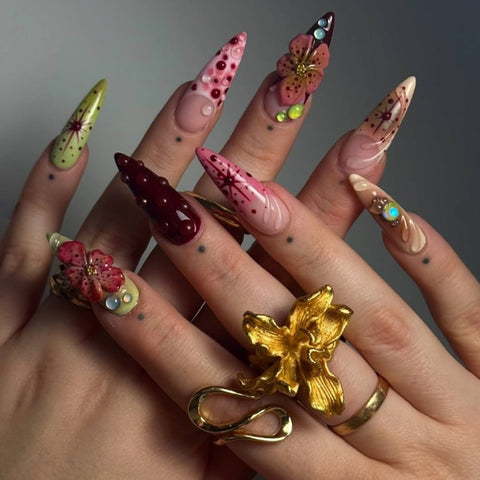 Hot SaleFashionable Hot Selling Pink Flower French Long Pointed Almond NailsHandmade Artificial Gel Nail Press-On Nails