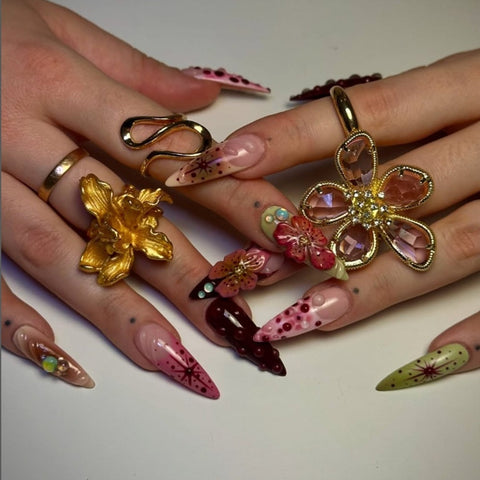 Hot SaleFashionable Hot Selling Pink Flower French Long Pointed Almond NailsHandmade Artificial Gel Nail Press-On Nails