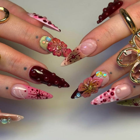 Hot SaleFashionable Hot Selling Pink Flower French Long Pointed Almond NailsHandmade Artificial Gel Nail Press-On Nails