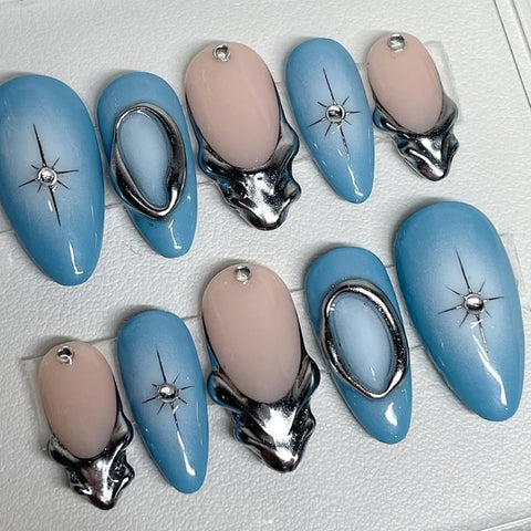 Blue Silver Heart Almond NailCarefully designed pure handmade press-on gel nails