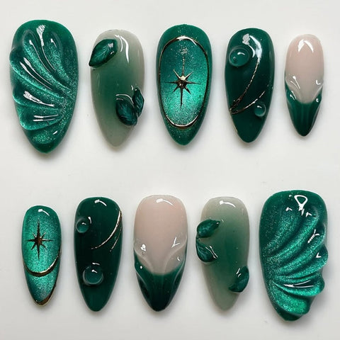 3D Green Leaf Cat Eye NailCarefully designed pure handmade press-on gel nails